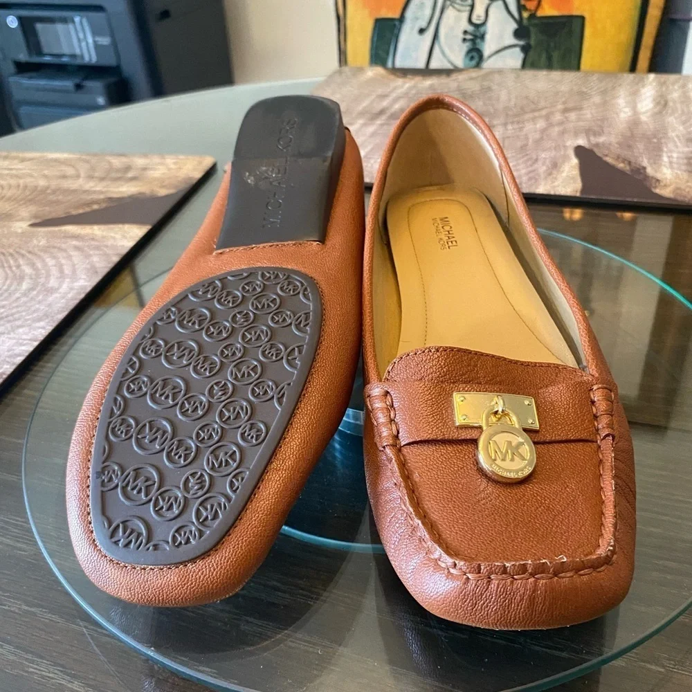 Michael Kors Brown Leather Loafers with Gold Accents